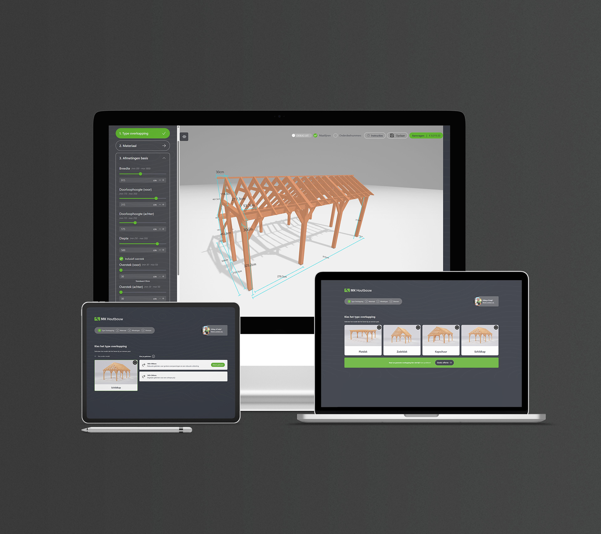 3D-configurator van MK Houtbouw op meerdere schermen